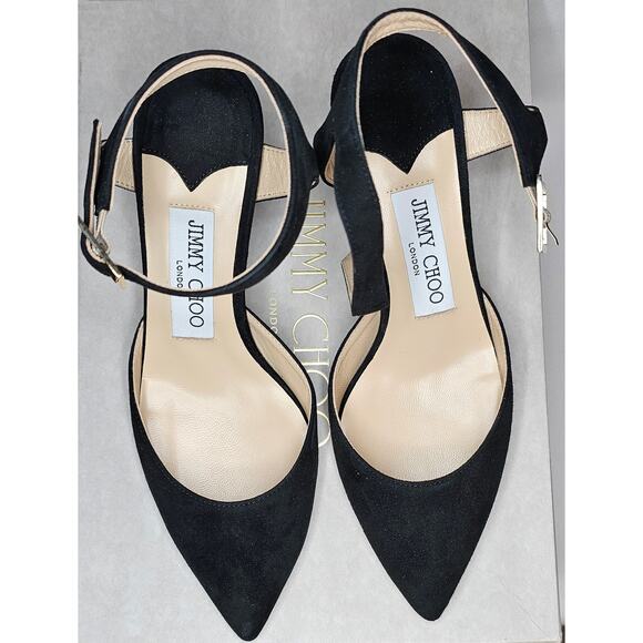 Jimmy Choo Black Suede Block Heels Ankle Strap Pointed Toe Shoes - Picture 15 of 15